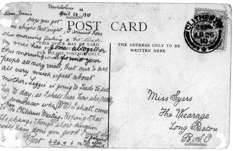 Postcard to Miss Syers.jpg - Reverse of postcard of St. Mary's church - Date stamped April 26th 1910 Addressed to Miss Syers at the Vicarage, Long Preston.